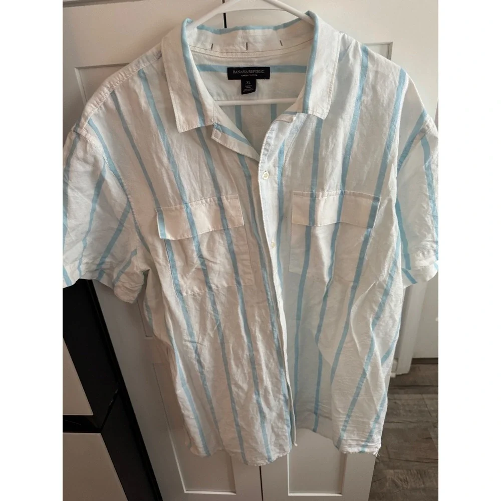 Banana Republic Mens XL Linen Cotton Striped Short Sleeve Button Down Shirt Blue